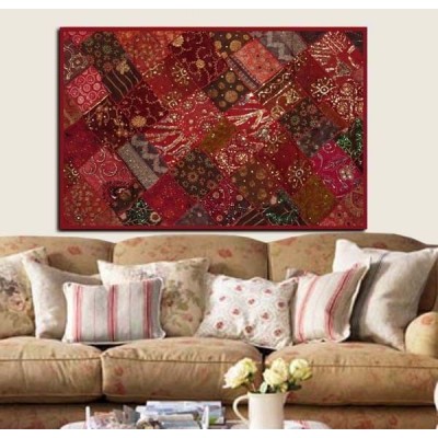 60" HANDCRAFTED VINTAGE THREADWORK WALL DECOR HANGING THROW BEADED SARI TAPESTRY   372401868483